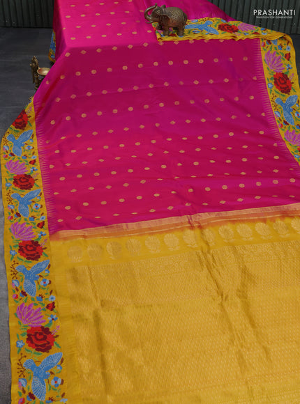 Pure gadwal silk saree pink and mango yellow with zari woven buttas and temple design convent embroidery border