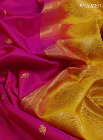 Pure gadwal silk saree pink and mango yellow with zari woven buttas and temple design convent embroidery border