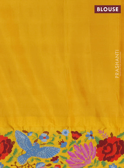 Pure gadwal silk saree pink and mango yellow with zari woven buttas and temple design convent embroidery border