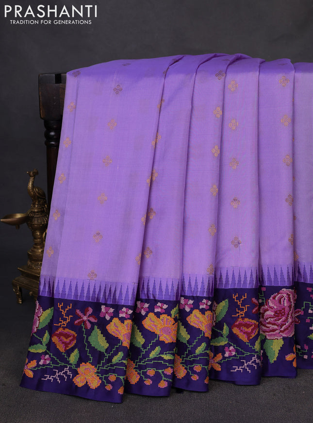 Pure gadwal silk saree lavender and navy blue with zari woven buttas and temple design convent embroidery border