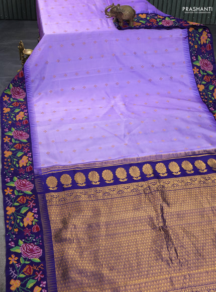 Pure gadwal silk saree lavender and navy blue with zari woven buttas and temple design convent embroidery border