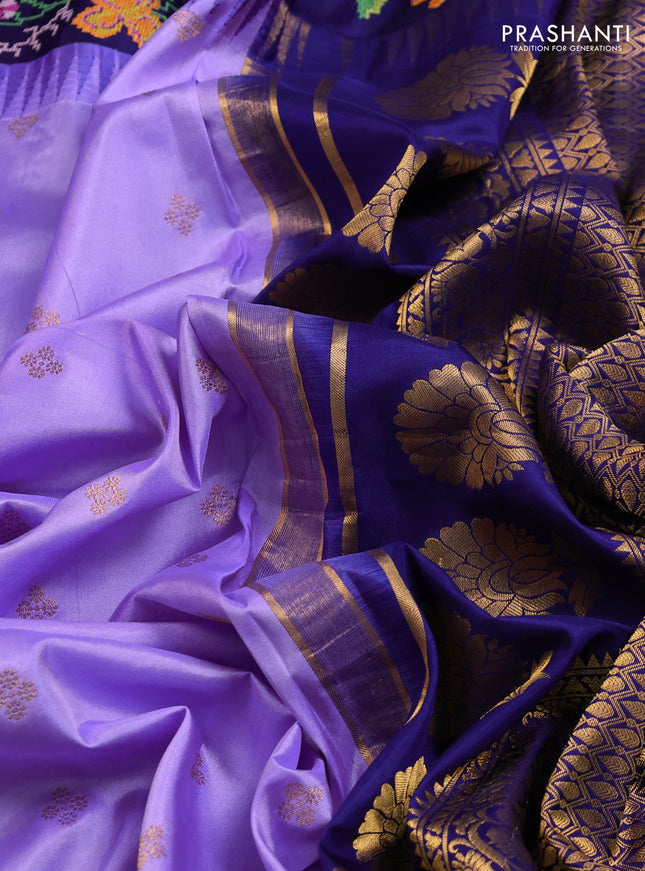 Pure gadwal silk saree lavender and navy blue with zari woven buttas and temple design convent embroidery border