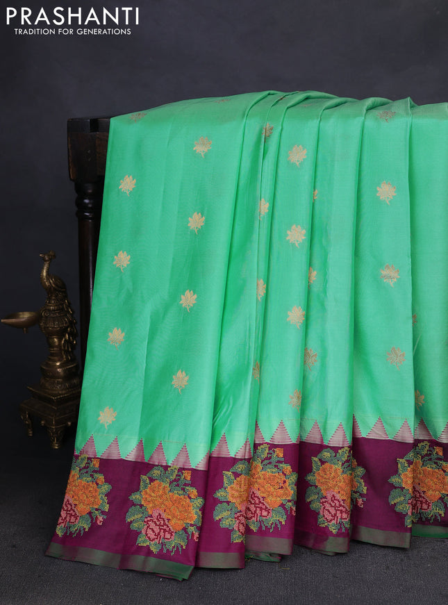 Pure gadwal silk saree teal green and purple with zari woven buttas and temple design convent embroidery border