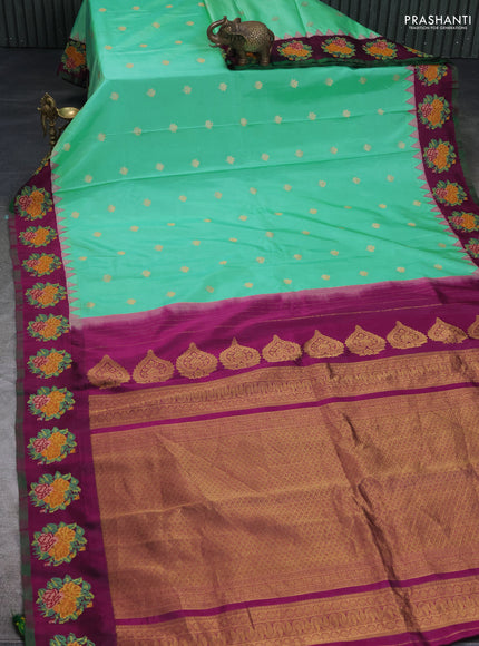 Pure gadwal silk saree teal green and purple with zari woven buttas and temple design convent embroidery border