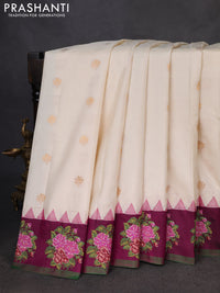 Pure gadwal silk saree cream and purple with zari woven buttas and temple design convent embroidery border