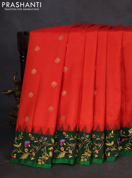 Pure gadwal silk saree orange and green with zari woven buttas and temple design embroidery border