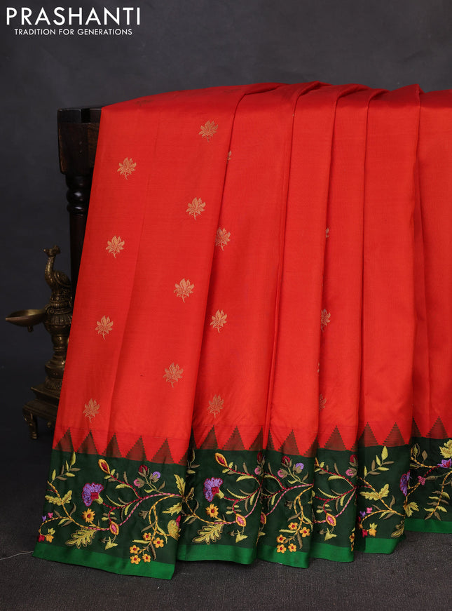 Pure gadwal silk saree orange and green with zari woven buttas and temple design embroidery border