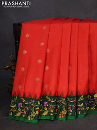 Pure gadwal silk saree orange and green with zari woven buttas and temple design embroidery border