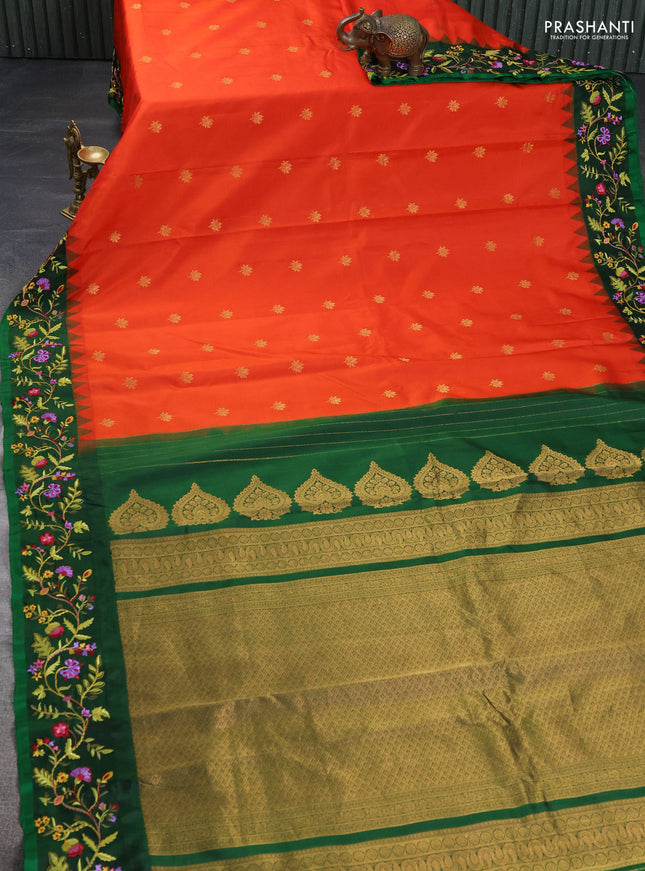Pure gadwal silk saree orange and green with zari woven buttas and temple design embroidery border