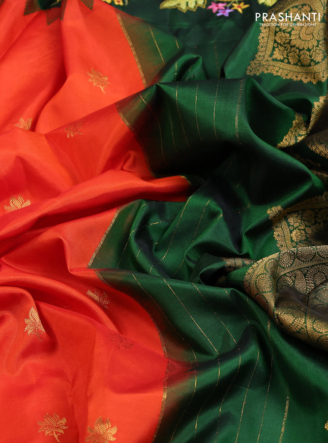 Pure gadwal silk saree orange and green with zari woven buttas and temple design embroidery border