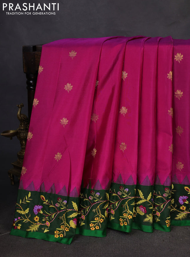 Pure gadwal silk saree pink and green with zari woven buttas and temple design embroidery border
