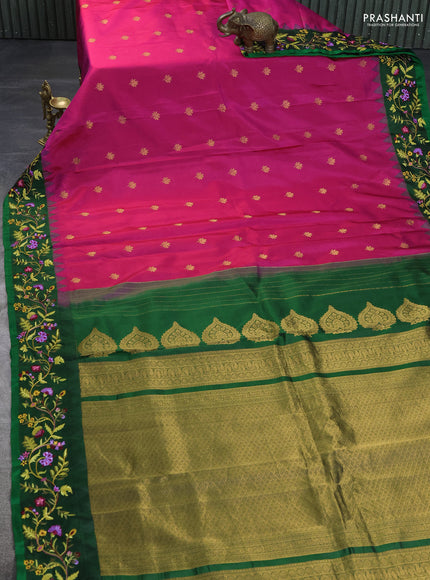 Pure gadwal silk saree pink and green with zari woven buttas and temple design embroidery border