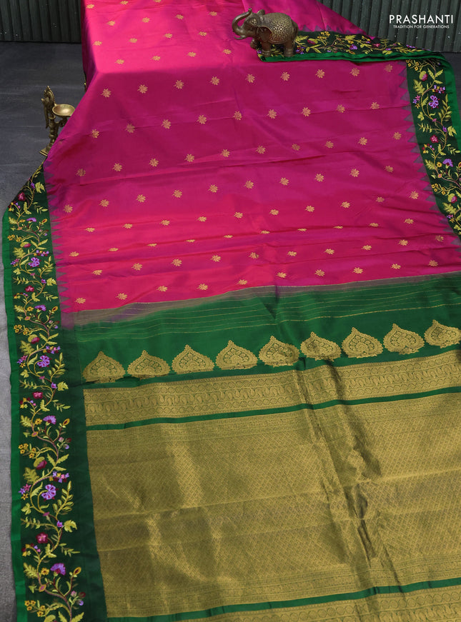 Pure gadwal silk saree pink and green with zari woven buttas and temple design embroidery border
