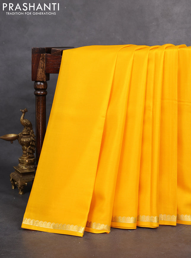 Pure mysore silk saree mango yellow with plain body and zari woven border