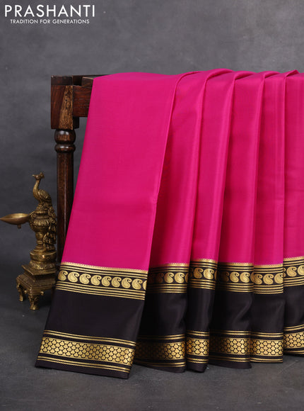 Pure mysore silk saree pink and black with plain body and rettapet zari woven border