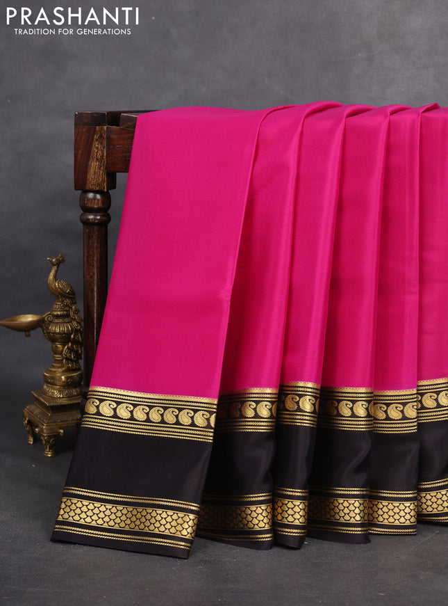 Pure mysore silk saree pink and black with plain body and rettapet zari woven border