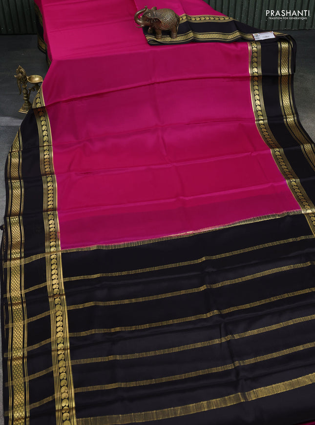 Pure mysore silk saree pink and black with plain body and rettapet zari woven border