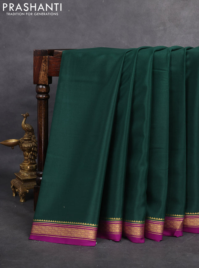Pure mysore silk saree bottle green and purple with plain body and zari woven border