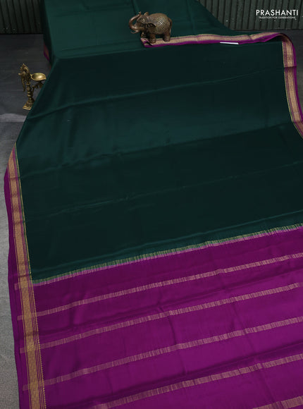 Pure mysore silk saree bottle green and purple with plain body and zari woven border