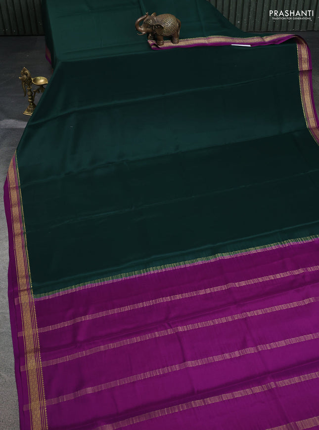 Pure mysore silk saree bottle green and purple with plain body and zari woven border