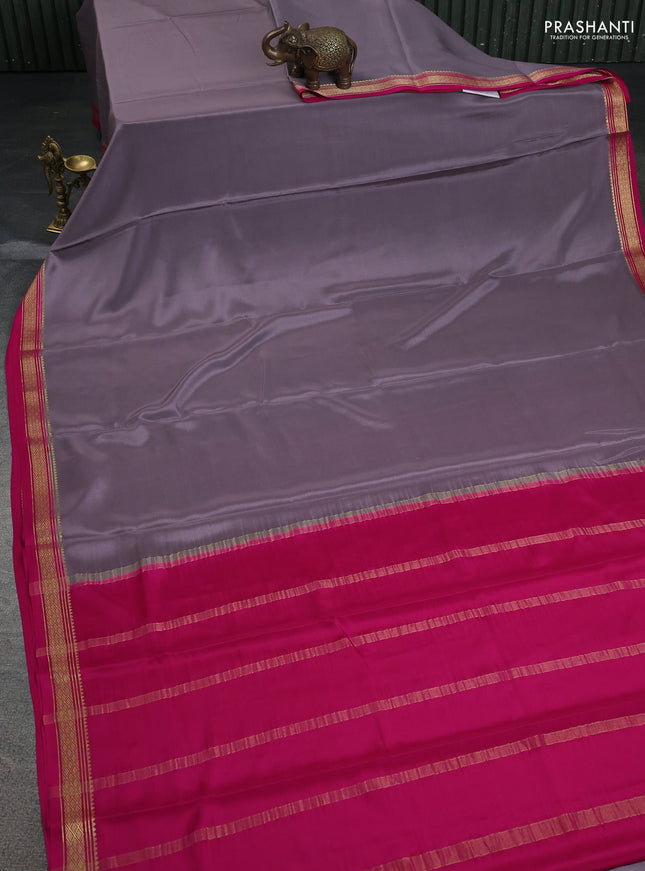 Pure mysore silk saree grey and pink with plain body and zari woven border
