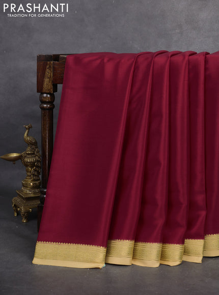 Pure mysore silk saree maroon and sandal with plain body and zari woven border