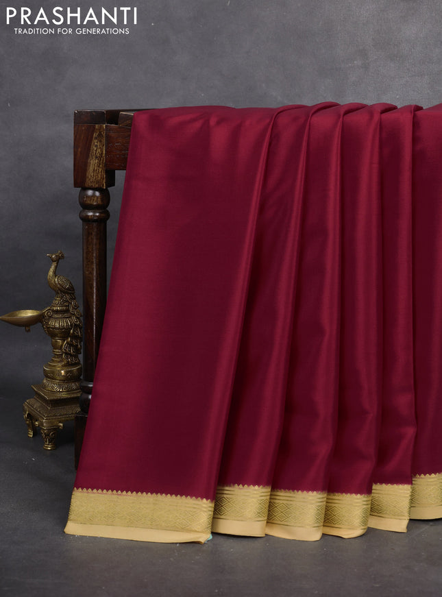 Pure mysore silk saree maroon and sandal with plain body and zari woven border