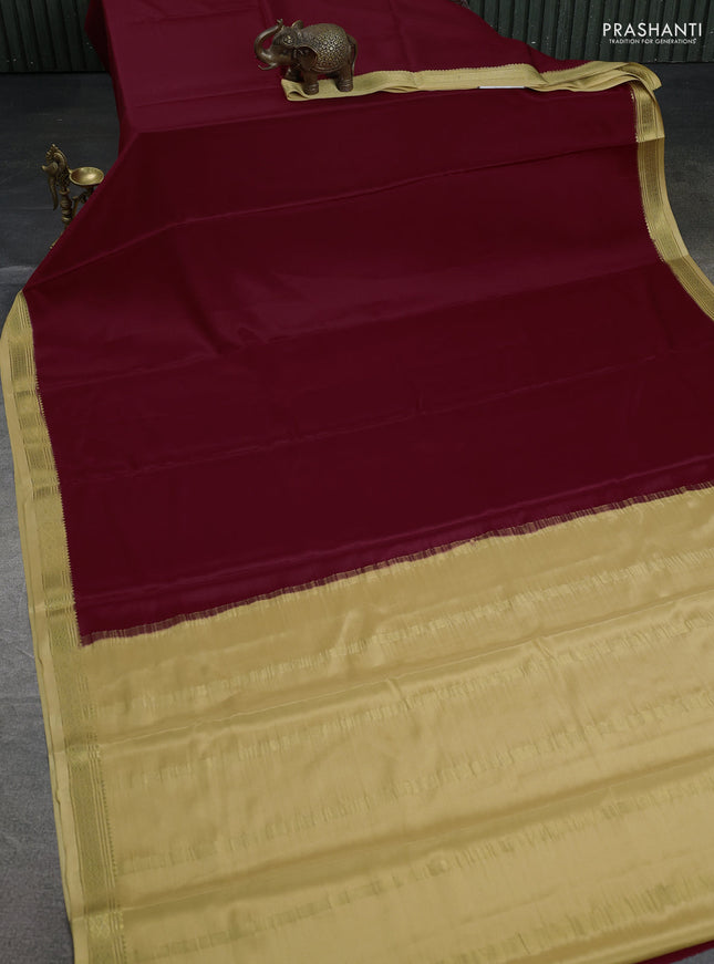 Pure mysore silk saree maroon and sandal with plain body and zari woven border