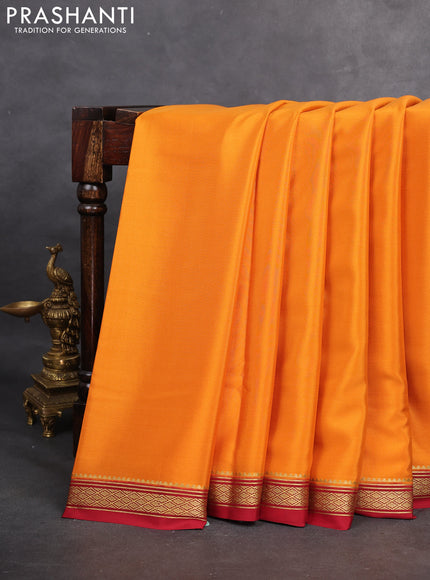 Pure mysore silk saree mustard yellow and maroon with plain body and zari woven border