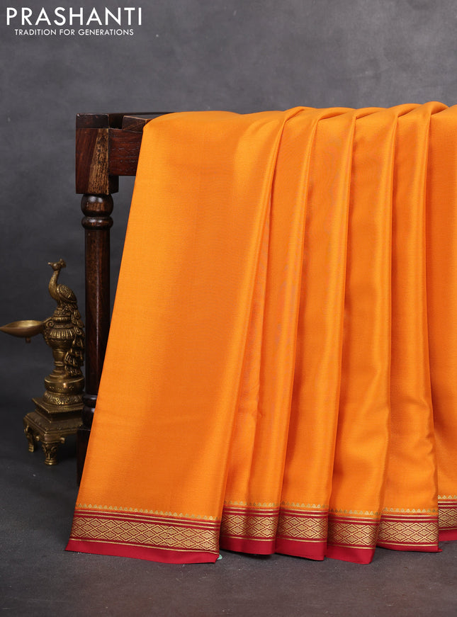 Pure mysore silk saree mustard yellow and maroon with plain body and zari woven border