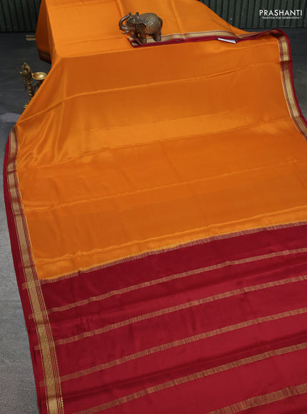 Pure mysore silk saree mustard yellow and maroon with plain body and zari woven border