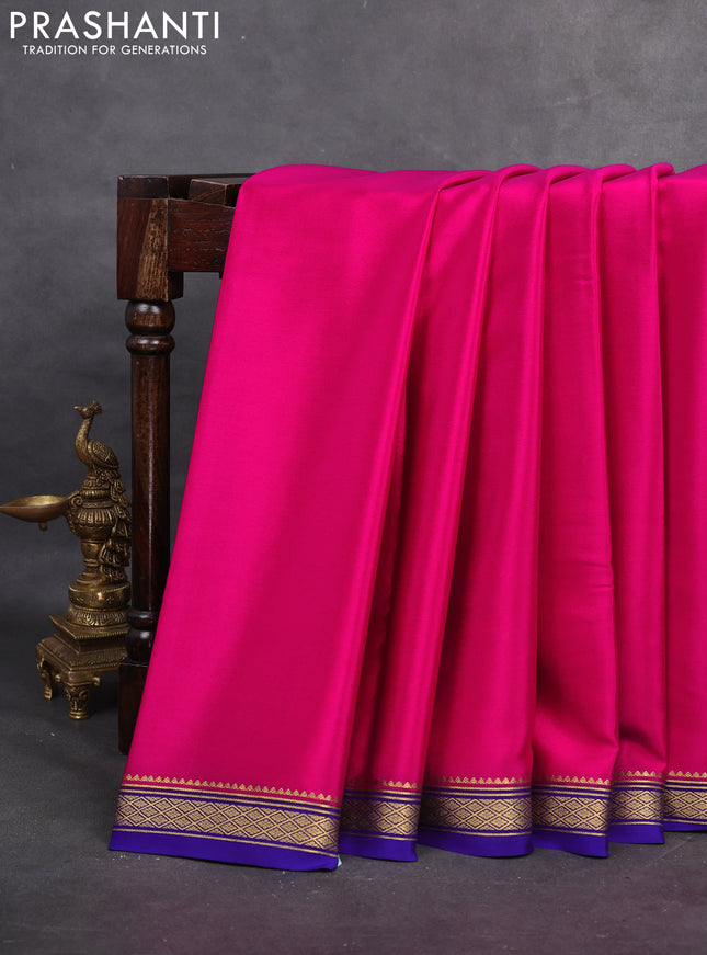 Pure mysore silk saree pink and blue with plain body and zari woven border