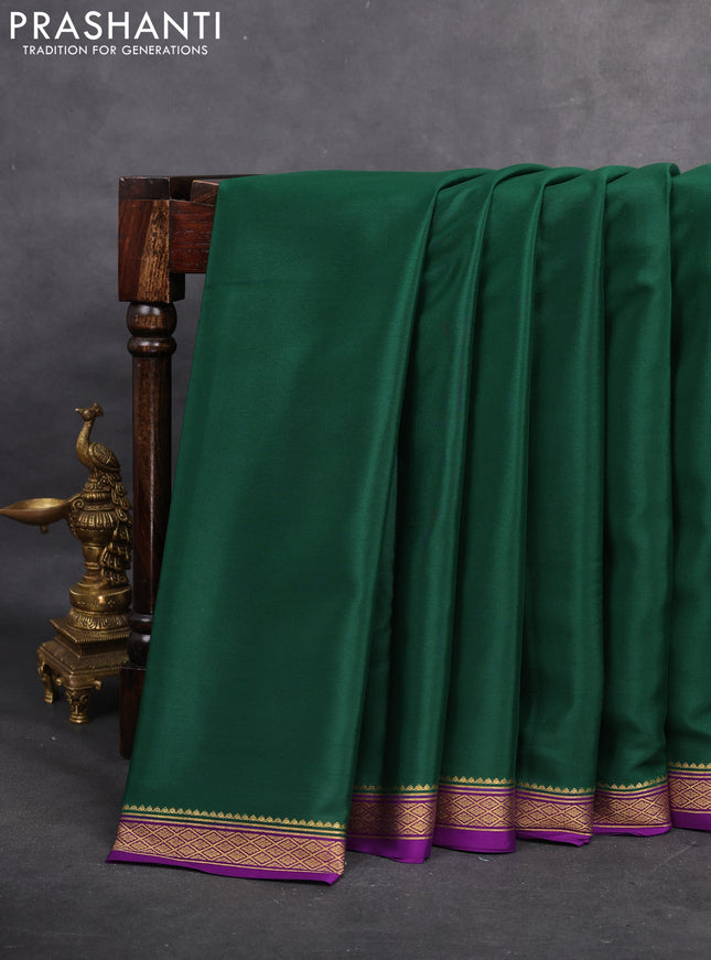 Pure mysore silk saree dark gren and purple with plain body and zari woven border