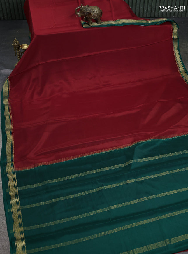 Pure mysore silk saree maroon and green with plain body and zari woven border
