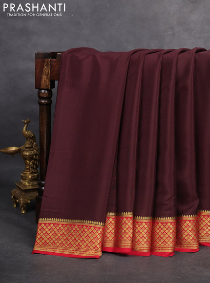 Pure mysore silk saree coffee brown and red with plain body and zari woven border