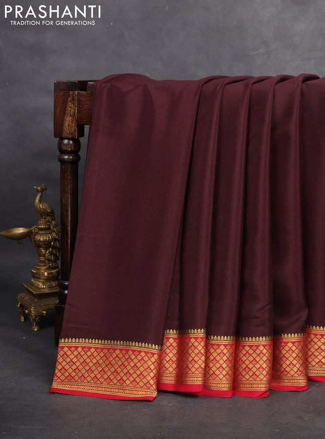 Pure mysore silk saree coffee brown and red with plain body and zari woven border