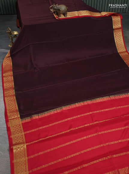 Pure mysore silk saree coffee brown and red with plain body and zari woven border