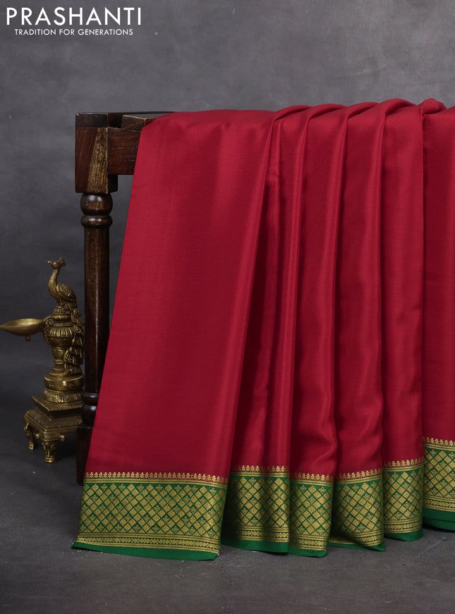 Pure mysore silk saree red and green with plain body and zari woven border