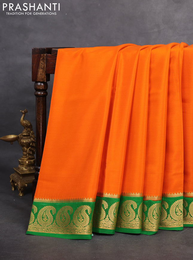 Pure mysore silk saree orange and green with plain body and paisley zari woven border