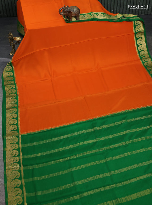 Pure mysore silk saree orange and green with plain body and paisley zari woven border