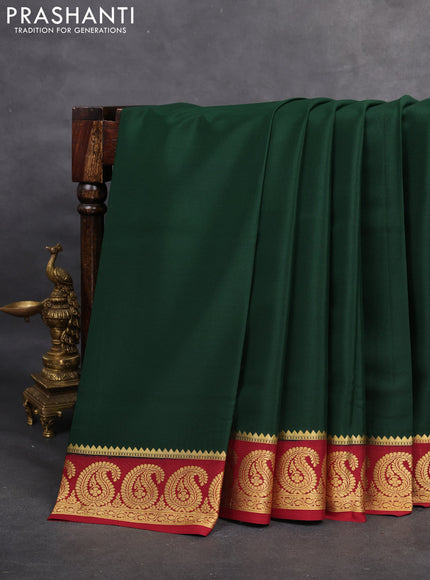 Pure mysore silk saree bottle green and maroon with plain body and paisley zari woven border