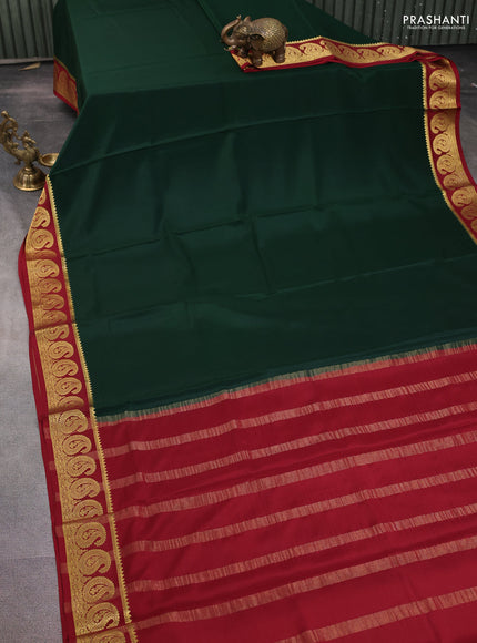 Pure mysore silk saree bottle green and maroon with plain body and paisley zari woven border