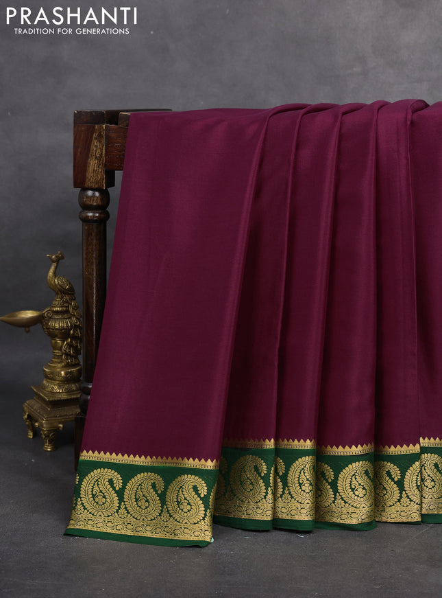 Pure mysore silk saree wine shade and green with plain body and paisley zari woven border