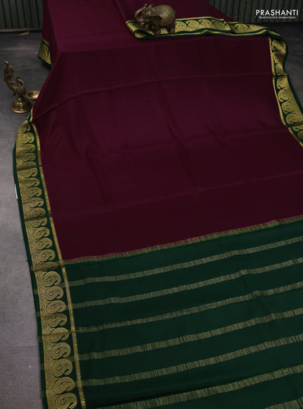 Pure mysore silk saree wine shade and green with plain body and paisley zari woven border