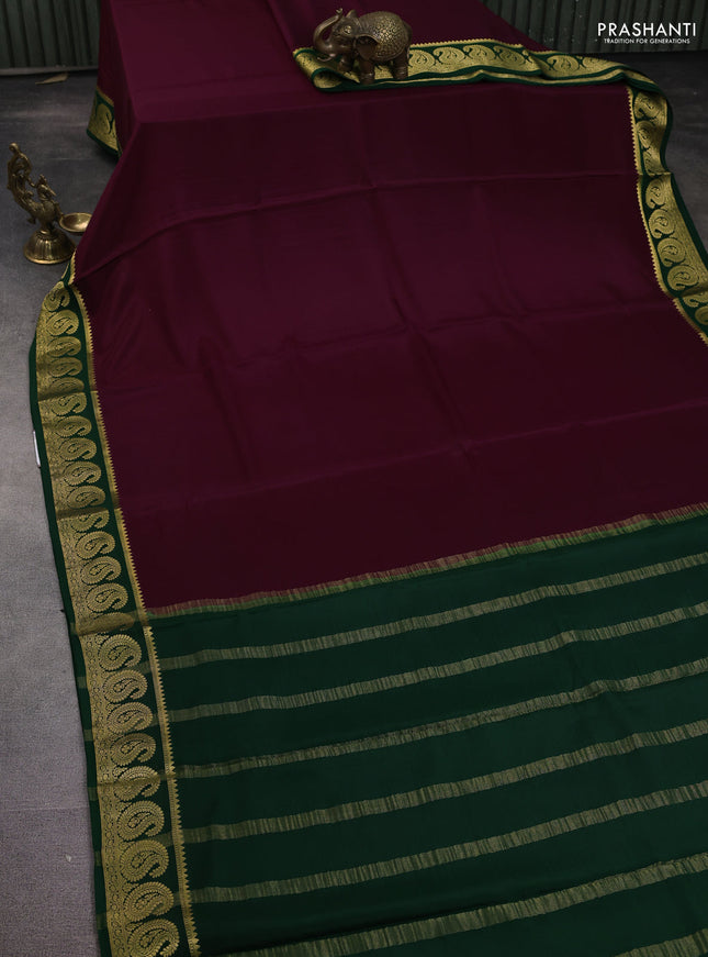 Pure mysore silk saree wine shade and green with plain body and paisley zari woven border