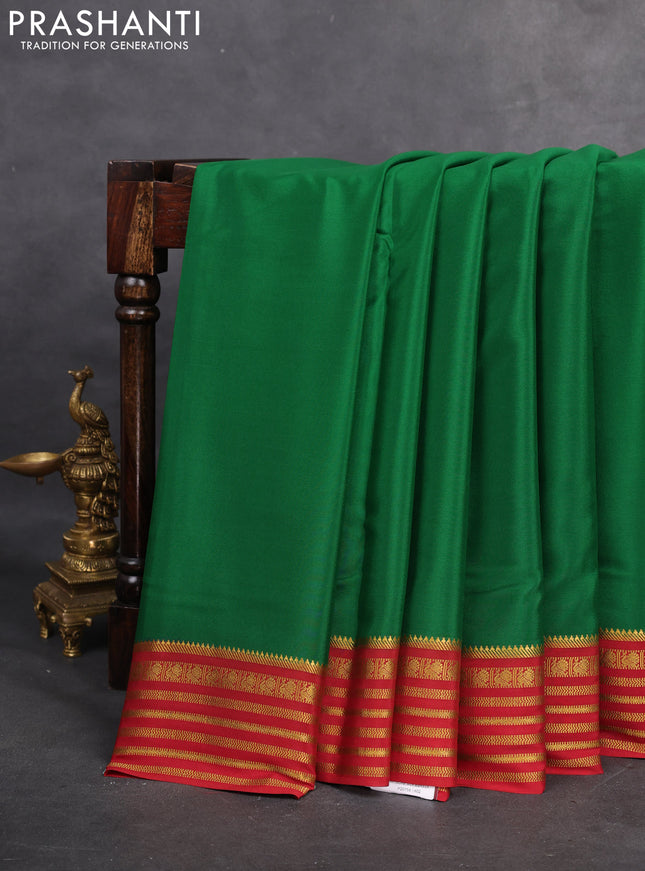 Pure mysore silk saree green and red with plain body and zari woven border