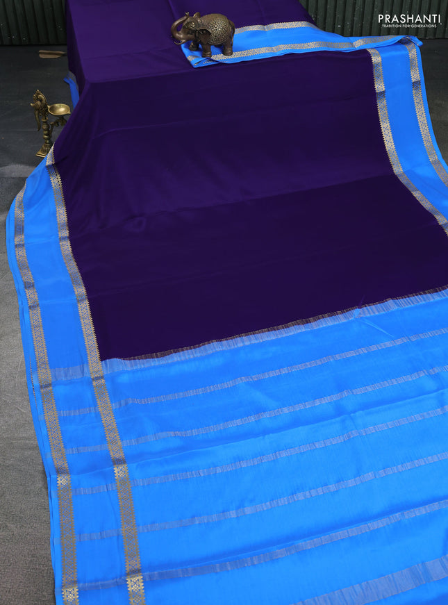 Pure mysore silk saree dark blue and blue with plain body and rettapet zari woven border