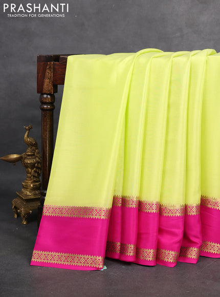 Pure mysore silk saree fluorescent green and pink with plain body and rettapet zari woven border
