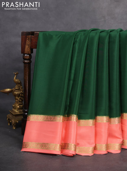 Pure mysore silk saree dark green and peach shade with plain body and rettapet zari woven border