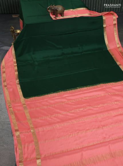 Pure mysore silk saree dark green and peach shade with plain body and rettapet zari woven border